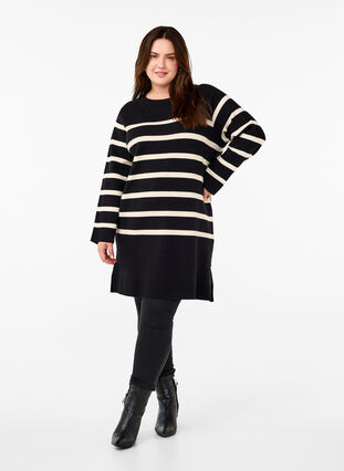 ZizziGebreide jurk met ronde hals en split, Black Birch Stripes, Model image number 2