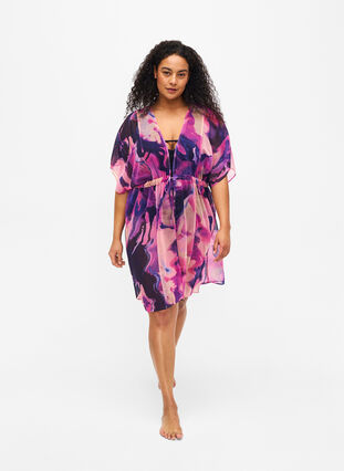 Zizzi Kimono de plage avec imprimé, Purple Swirl, Model image number 2