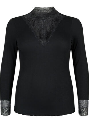 ZizziGeribde viscose blouse met kant, Black, Packshot image number 0