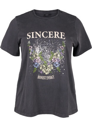 Zizzi Tee-shirt en coton biologique avec imprimé, D.Grey Wash Sincere, Packshot image number 0