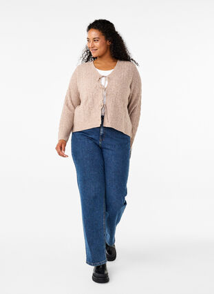 Zizzi Cardigan en maille avec lien à nouer, Simply Taupe Mel., Model image number 2