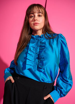 ZizziGlanzende shirtblouse met ruches, Diva Blue, Image image number 0