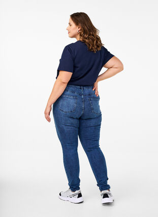 ZizziSuperslanke Amy jeans met slijtagedetails, Blue Denim, Model image number 1