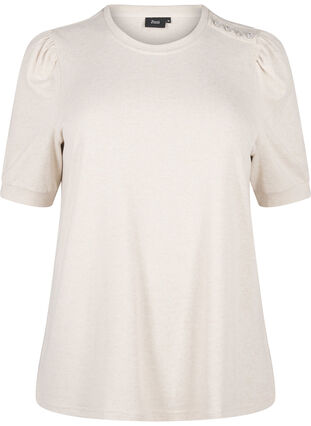 ZizziBlouse met knoopdetail en korte pofmouwen, Oatmeal White Mel., Packshot image number 0