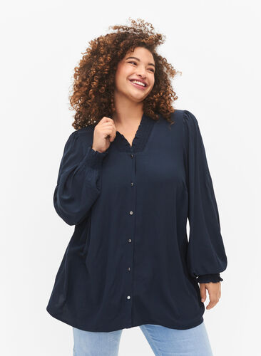 Zizzi Blouse à manches longues en viscose, Total Eclipse, Model image number 0