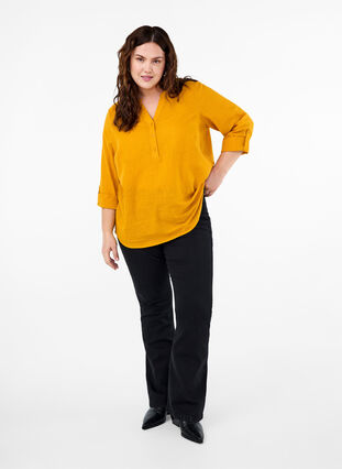 ZizziKatoenen overhemdblouse met V-hals, Golden Yellow, Model image number 2