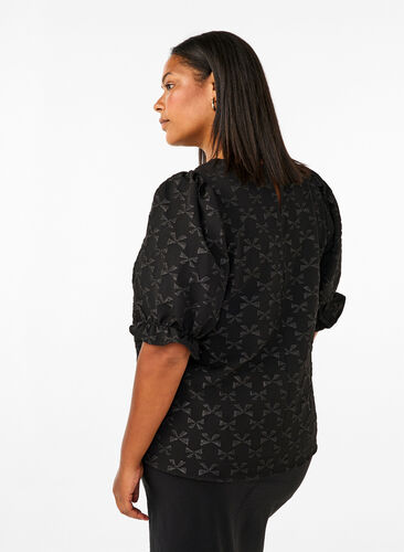 Zizzi Chemisier jacquard à manches courtes avec nœuds, Black W. Bow, Model image number 1