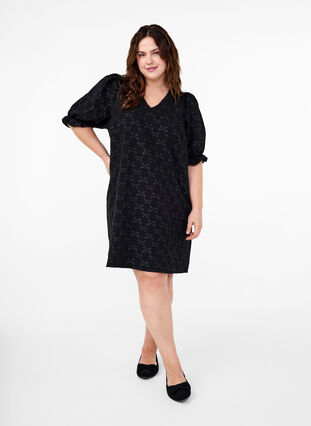 Zizzi Robe jacquard courte avec des nœuds, Black W. Bow, Model image number 2