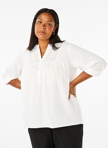 ZizziKatoenen blouse met broderie anglaise en 3/4 mouwen, Bright White, Model image number 0