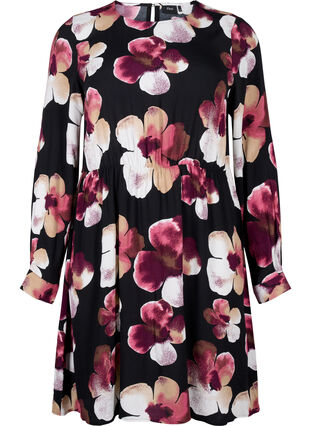 Zizzi Robe en viscose avec imprimé et manches longues., Black Pink FlowerAOP, Packshot image number 0