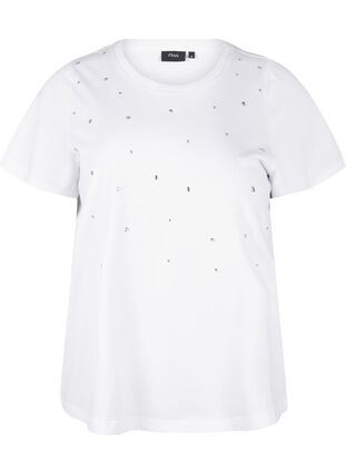 Zizzi T-shirt en coton avec strass, Bright White, Packshot image number 0