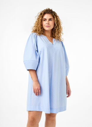 Zizzi Robe rayée à manches 3/4, Blue Stripe, Model image number 0