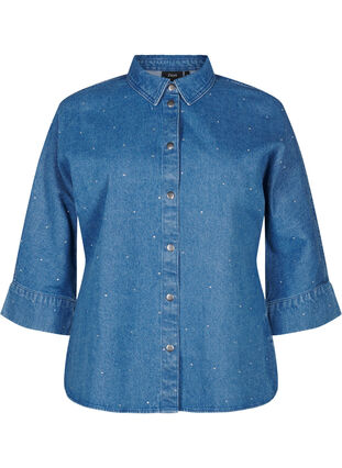 ZizziDenim shirt met strassteentjes en driekwartmouwen, Bl. Denim Rhinestone, Packshot image number 0