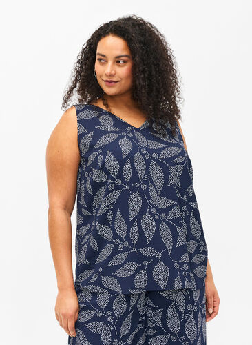 ZizziGebloemde top met V-hals, Navy B. w. Dot Leaf, Model image number 0