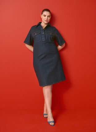 ZizziDenimjurk met korte mouwen en borstzakken, Dark Blue Denim, Image image number 0