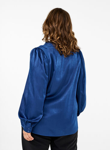 ZizziBlouse met lange mouwen, ruches en V-hals, Estate Blue, Model image number 1