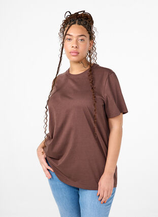 ZizziBasic katoenen T-shirt met ronde hals, Chocolate Martini, Model image number 0