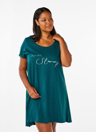 Zizzi Chemise de nuit à manches courtes en coton biologique, Deep Teal Sleep, Model image number 0