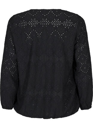 ZizziBlouse met lange mouwen, V-hals en gaatjespatroon, Black, Packshot image number 1