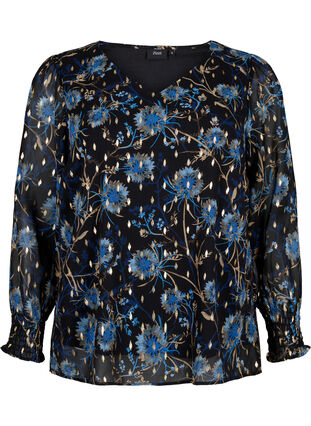 ZizziBloemenblouse met lange mouwen en v-hals, Black Blue Flower , Packshot image number 0