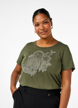 ZizziKatoenen T-shirt met strasmotief, Thyme w. Rhinestones, Model image number 0