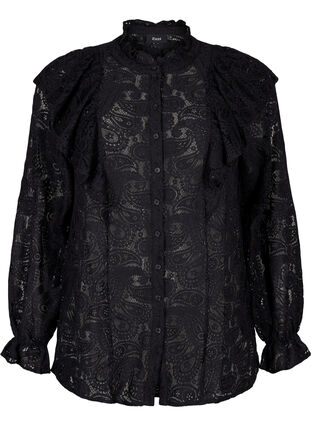 ZizziKanten overhemd-blouse met ruches, Black, Packshot image number 0