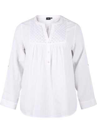 Zizzi Chemisier en coton à broderie anglaise et manches 3/4, Bright White, Packshot image number 0