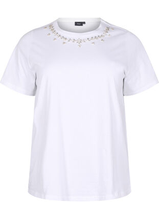 ZizziT-shirt met ronde hals en strass-steentjes, Bright White, Packshot image number 0