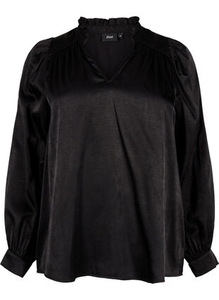 ZizziBlouse met lange mouwen, ruches en V-hals, Black, Packshot image number 0