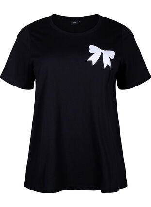 ZizziKatoenen T-shirt met strik, Black W. White, Packshot image number 0