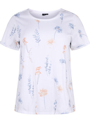 Zizzi T-shirt en coton biologique avec imprimé floral, White W. Blue flower, Packshot image number 0