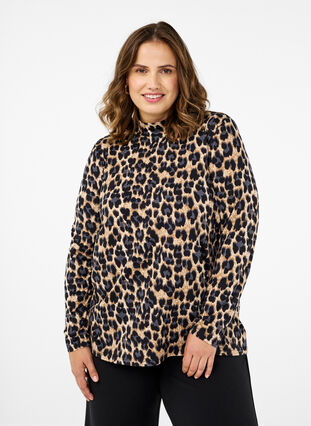 ZizziFLASH - Blouse met lange mouwen en col, Leopard Print , Model image number 0