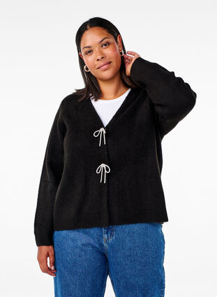 Zizzi Cardigan tricoté avec un nœud en argent, Black, Model image number 0