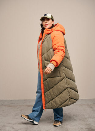 ZizziLange kleurblokken winterjas met capuchon., Bungee Cord Comb, Image image number 0