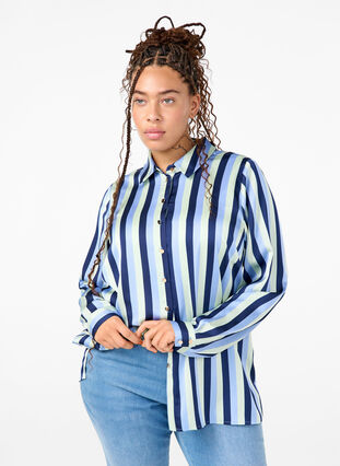 Zizzi Chemises en satin rayé, Blue Stripe, Model image number 0