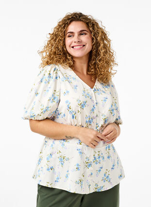 Zizzi Chemisier en satin floral avec manches bouffantes, Off White Blue Fl., Model image number 0