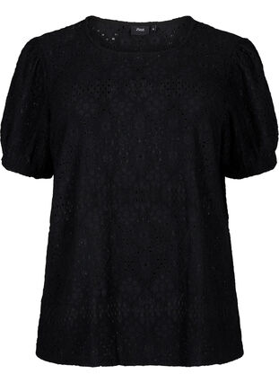 ZizziBlouse met korte mouwen en patroon met kant, Black, Packshot image number 0