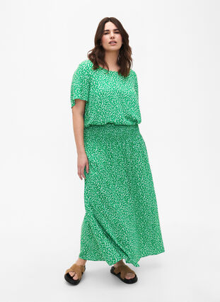 ZizziFLASH - Maxi rok in viscose met smokwerk, Bright Green Wh.AOP, Model image number 3