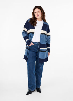 Zizzi Cardigan long en tricot avec rayures larges, Bering Sea Mel. Comb, Model image number 2