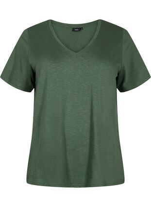 ZizziBasic t-shirt met korte mouwen en v-hals, Thyme, Packshot image number 0