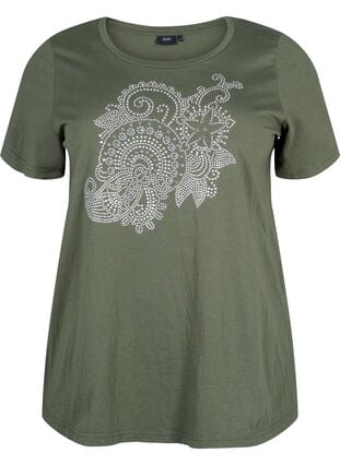 ZizziKatoenen T-shirt met strasmotief, Thyme w. Rhinestones, Packshot image number 0