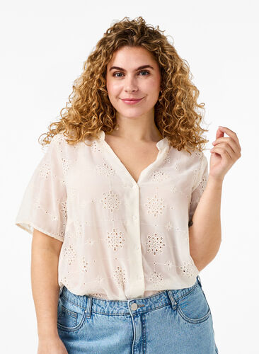 ZizziOverhemdblouse met korte mouwen en broderie anglaise, Antique White, Model image number 0