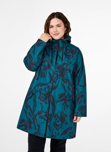 ZizziRegenjas met print, Deep Teal Black, Model image number 0