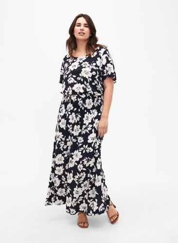 Zizzi FLASH - Jupe longue en viscose avec smocks, N. Sky White Flower, Model image number 0