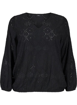 ZizziBlouse met lange mouwen, V-hals en gaatjespatroon, Black, Packshot image number 0