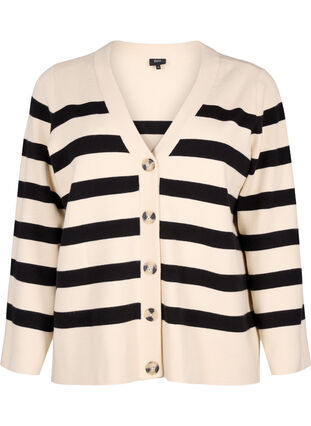 Zizzi Cardigan en maille rayé avec col en V, Birch w. Black, Packshot image number 0