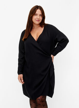 ZizziViscose jurk met lange mouwen en wikkel-look, Black, Model image number 0