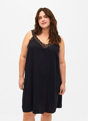 ZizziSpaghetti-jurk van viscose met kant, Black, Model image number 0