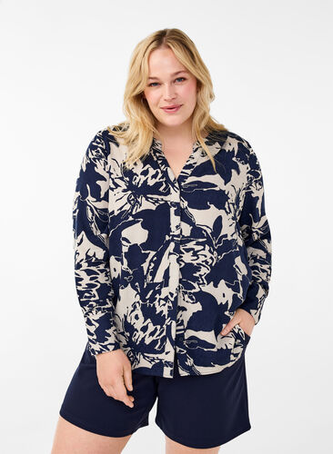 ZizziShirt met lange mouwen, print en V-hals, Navy Blazer AOP, Model image number 0