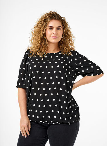 ZizziGestippelde blouse met korte mouwen, Black W. White Dot, Model image number 0